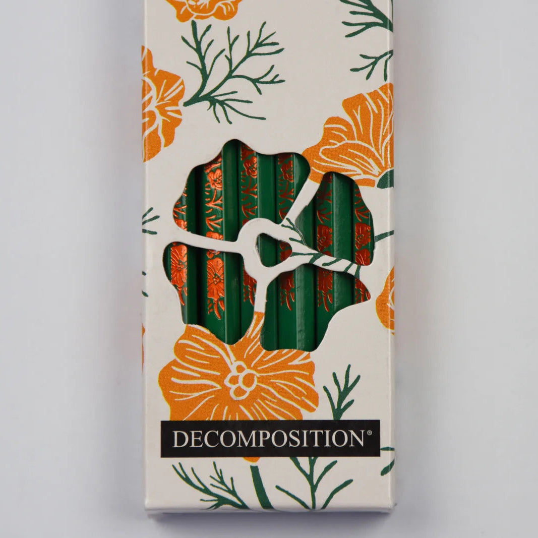 A tall rectangular box for Decomposition brand lip balm, featuring a cream background with orange flowers and green botanical illustrations. A die-cut window in the center reveals dark green balm sticks with orange patterns.