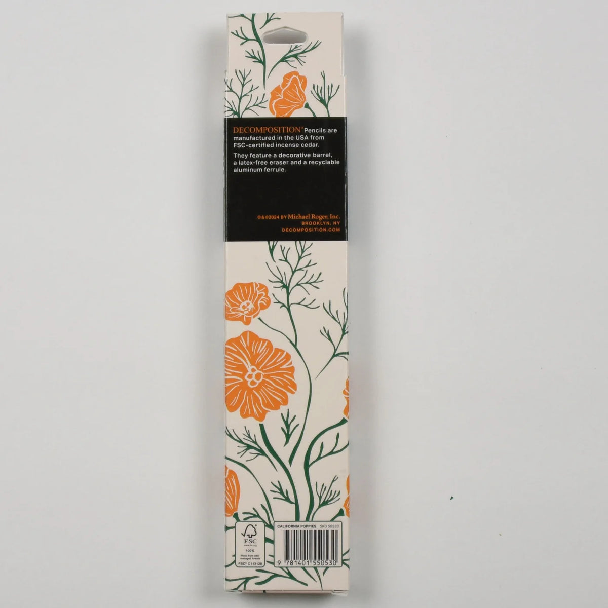 A tall, narrow retail package for decorative wood melts, featuring an off-white background with orange poppy illustrations and green stems, plus a black central label band.