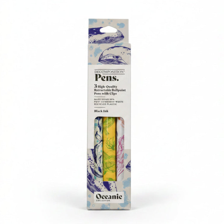 Oceanic Composition Pens 3 High Quality Retractable Ballpoint Pens with Clips in black ink, featuring a white packaging box with blue and purple abstract wave designs.