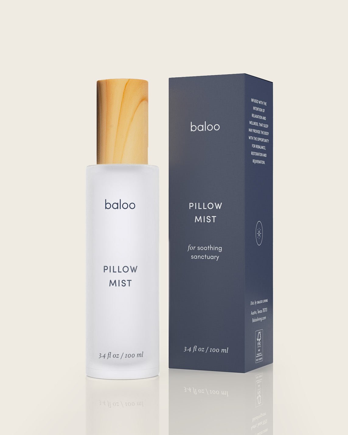 Baloo Pillow Mist bottle and packaging on a light gray background
