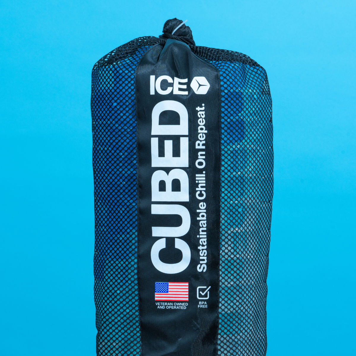 Cubed ice pack with 'ICE' branding on a blue background