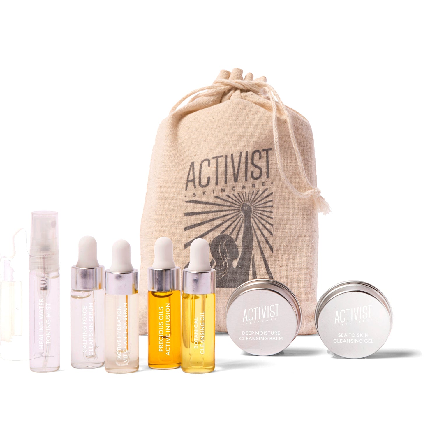 Skincare product set with 'Activist' branding on a white background