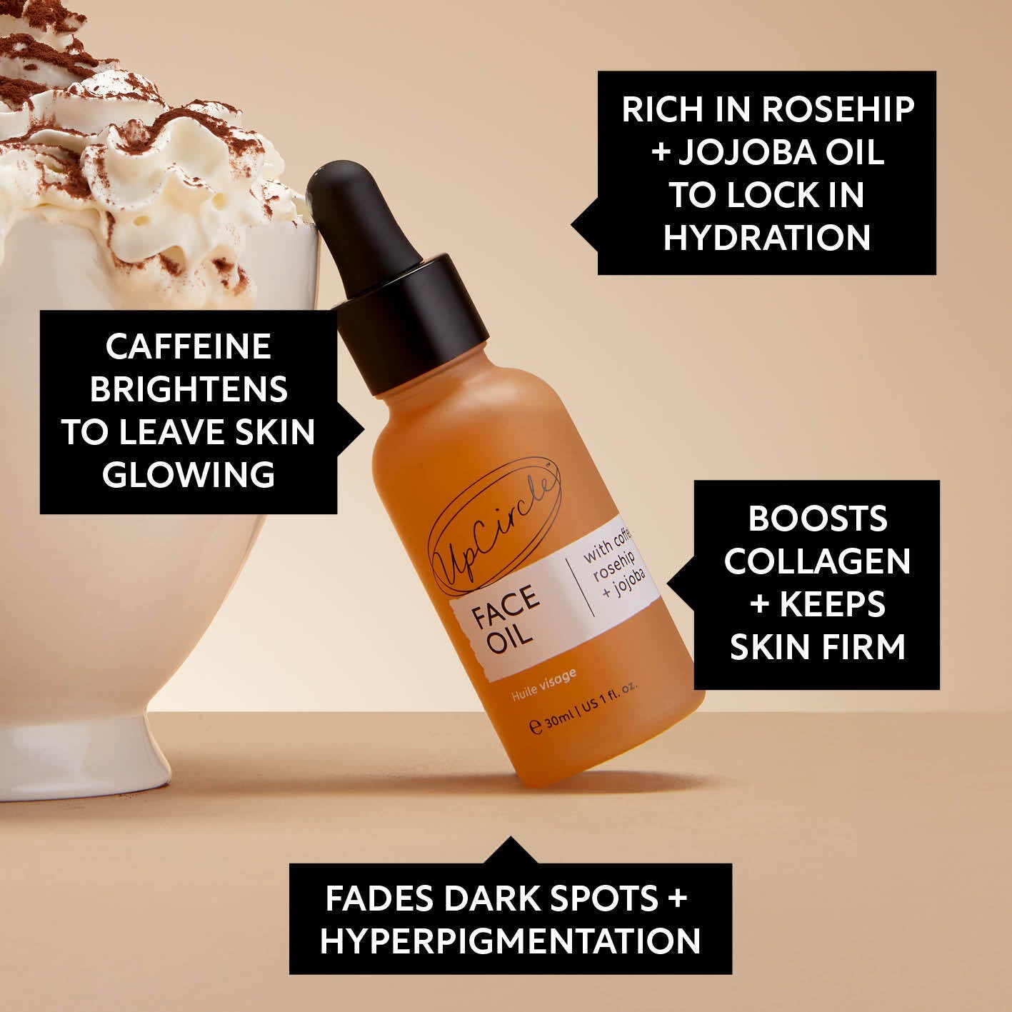 Organic Face Oil with Coffee, Rosehip + Jojoba