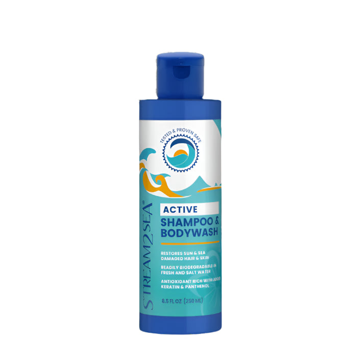 Bottle of Stream2Sea Active Shampoo & Bodywash on a white background