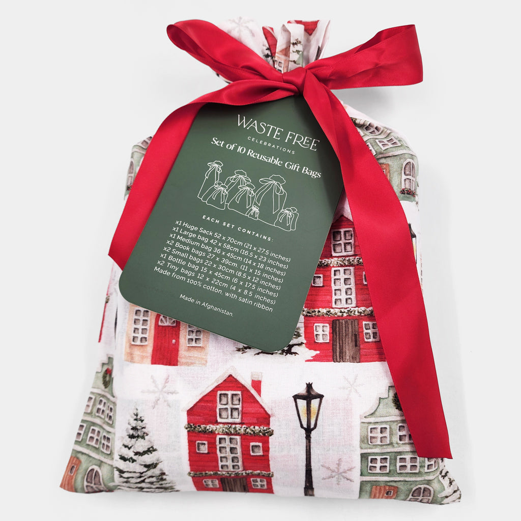 Christmas Cottages Reusable Gift Bag Set