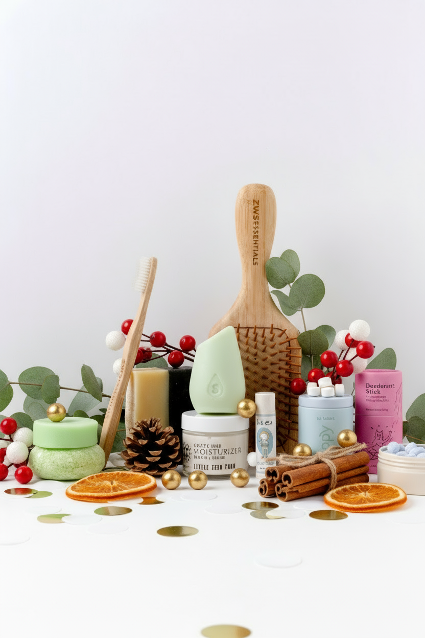 Assorted beauty products including a wooden brush, jars, and decorative items on a white surface with a light background.