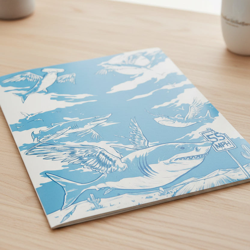 Notebook with shark and bird illustration on a blue background