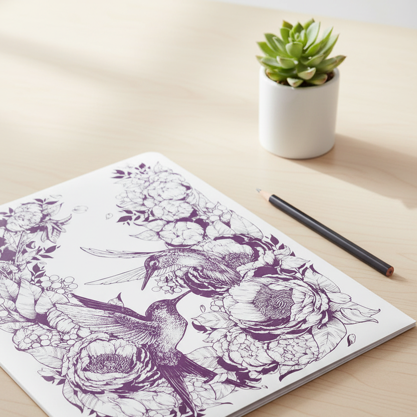 A white sketchbook or notebook with a detailed purple line art illustration of birds and flowers, placed on a light wood desk next to a black pencil and a small potted succulent.