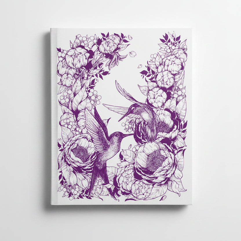 Illustration of two birds surrounded by flowers on a white background