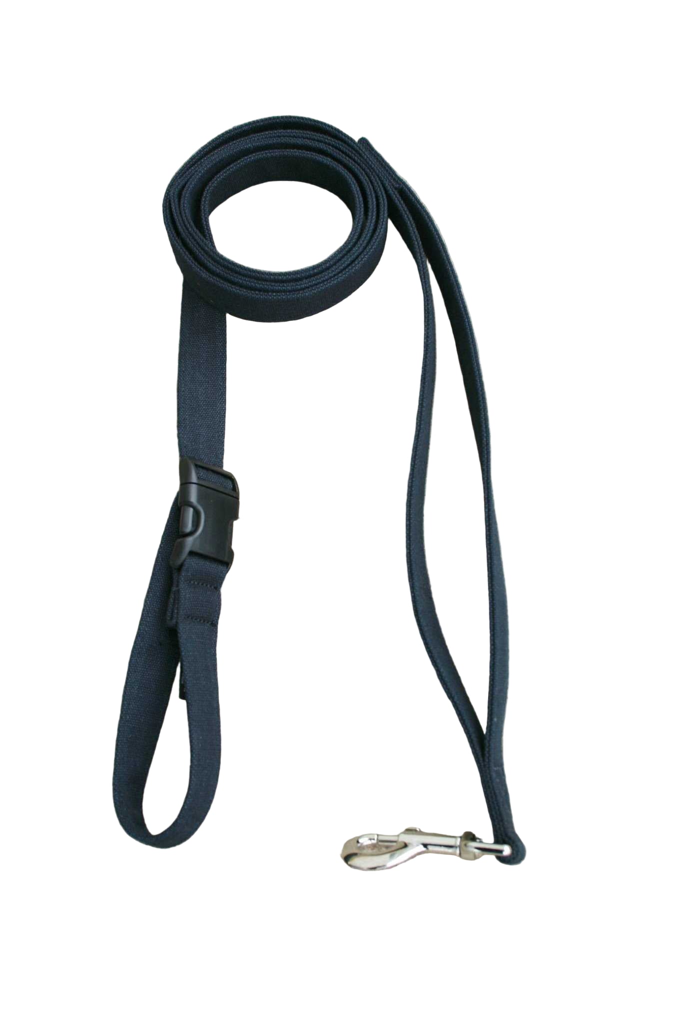 Black dog leash with clip on a concrete surface