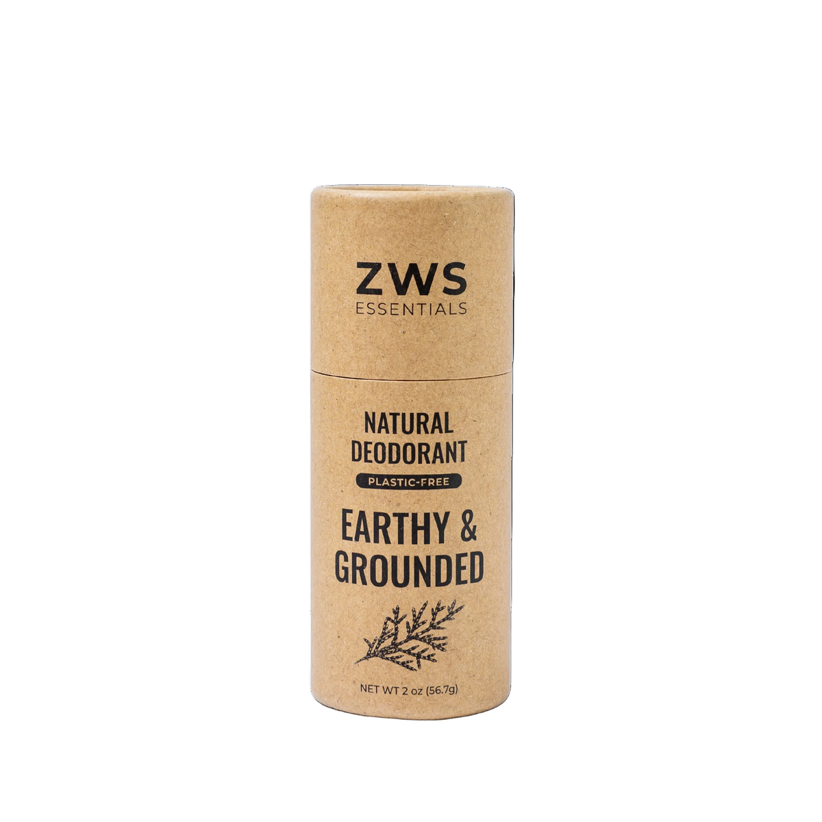 ZWS Essentials Earthy & Grounded natural deodorant stick in a kraft paper cardboard tube, shown on a solid white background.