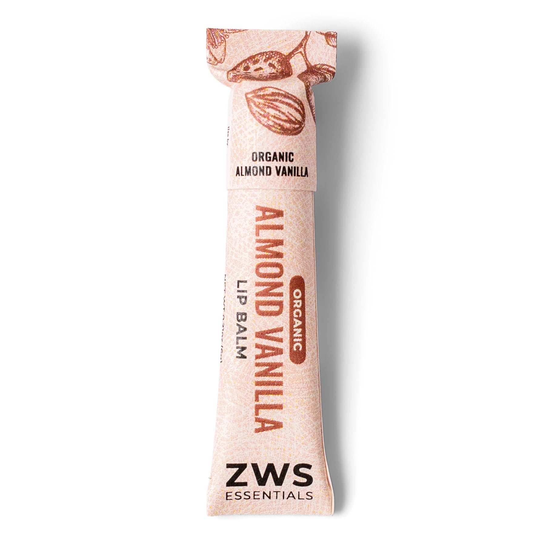 Lip balm stick labeled 'Almond Vanilla' by ZWS Essentials on a white background