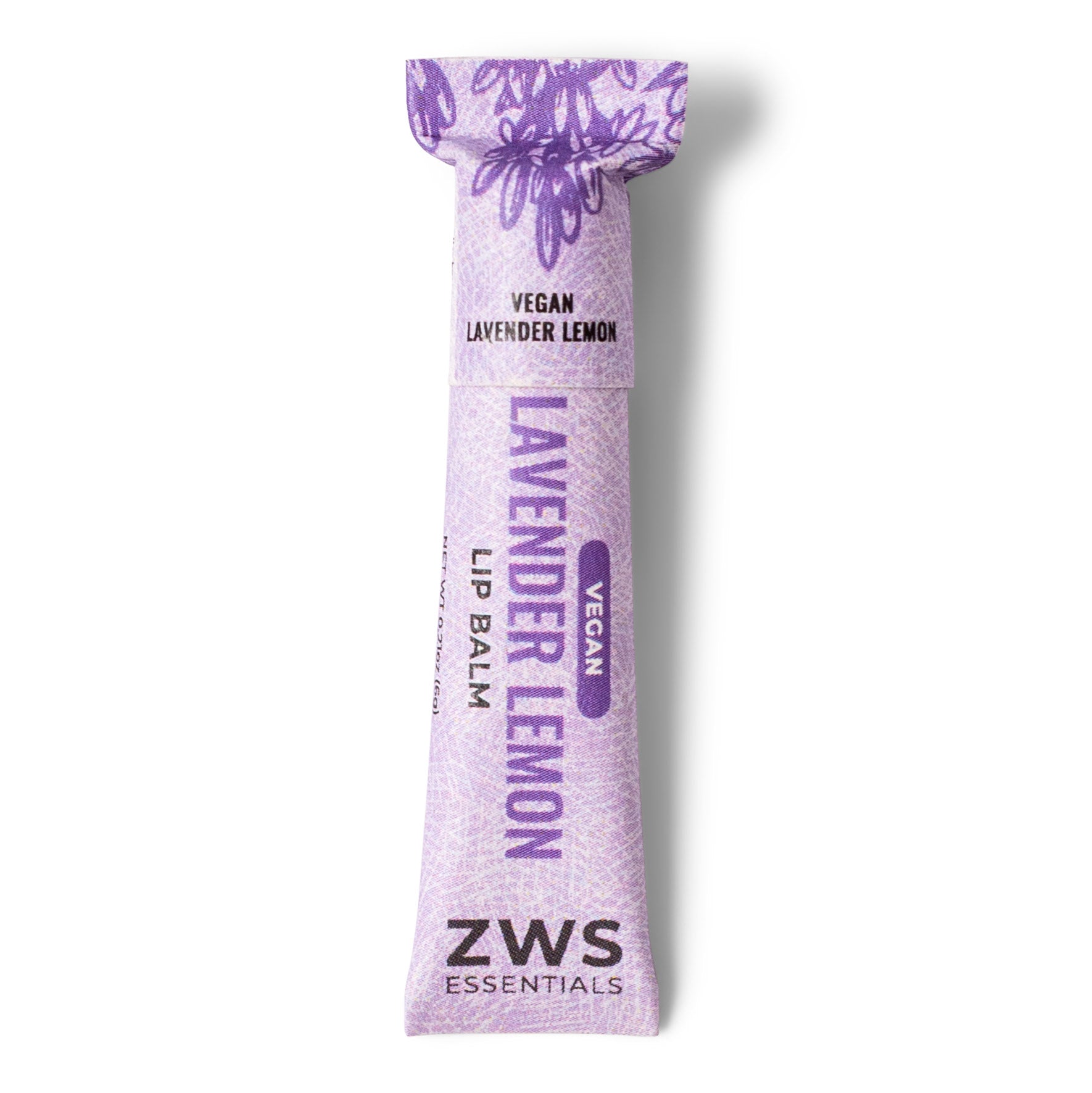 Lavender lemon lip balm packaging with ZWS branding on a white background