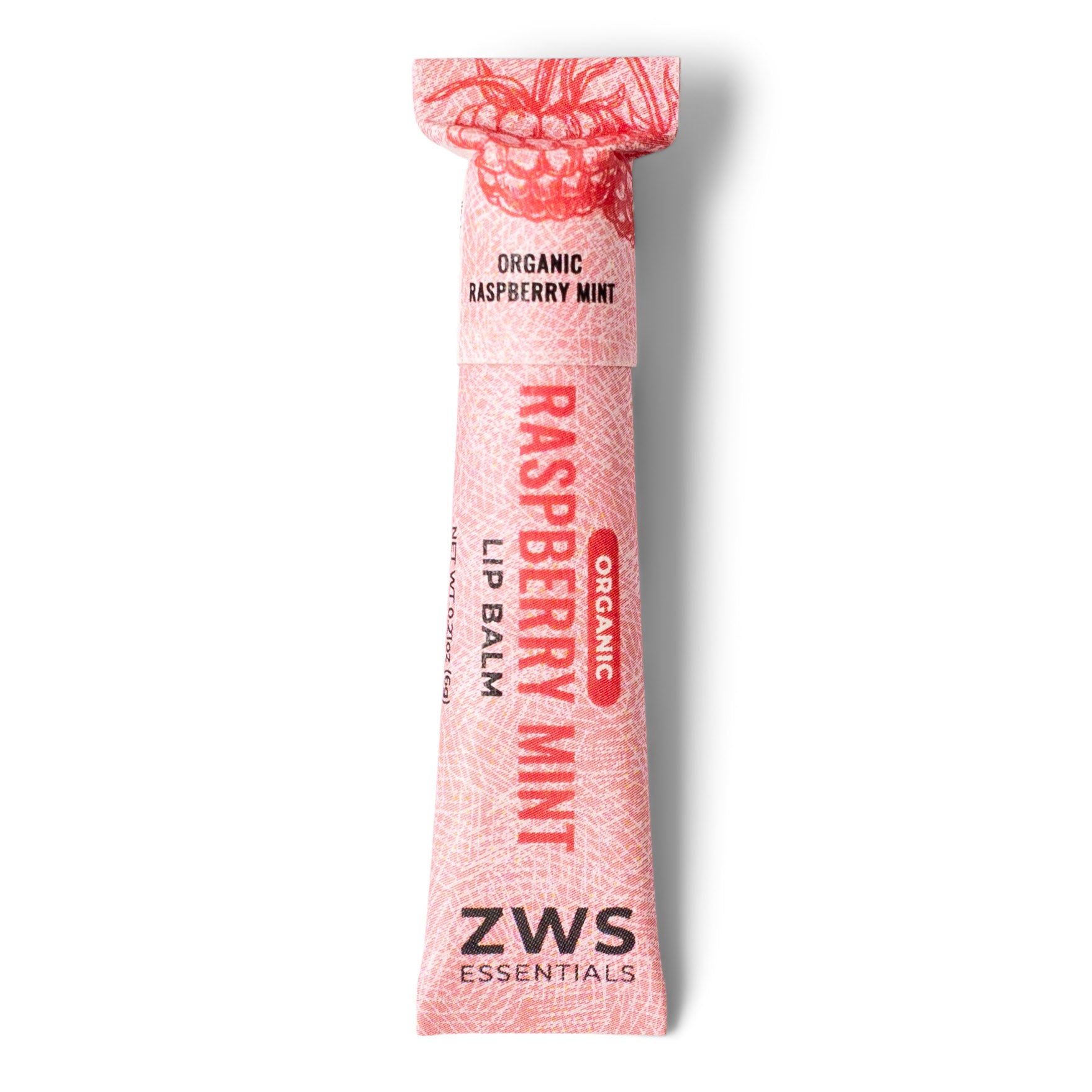 Pink raspberry mint lip balm packaging with ZWS branding on a white background
