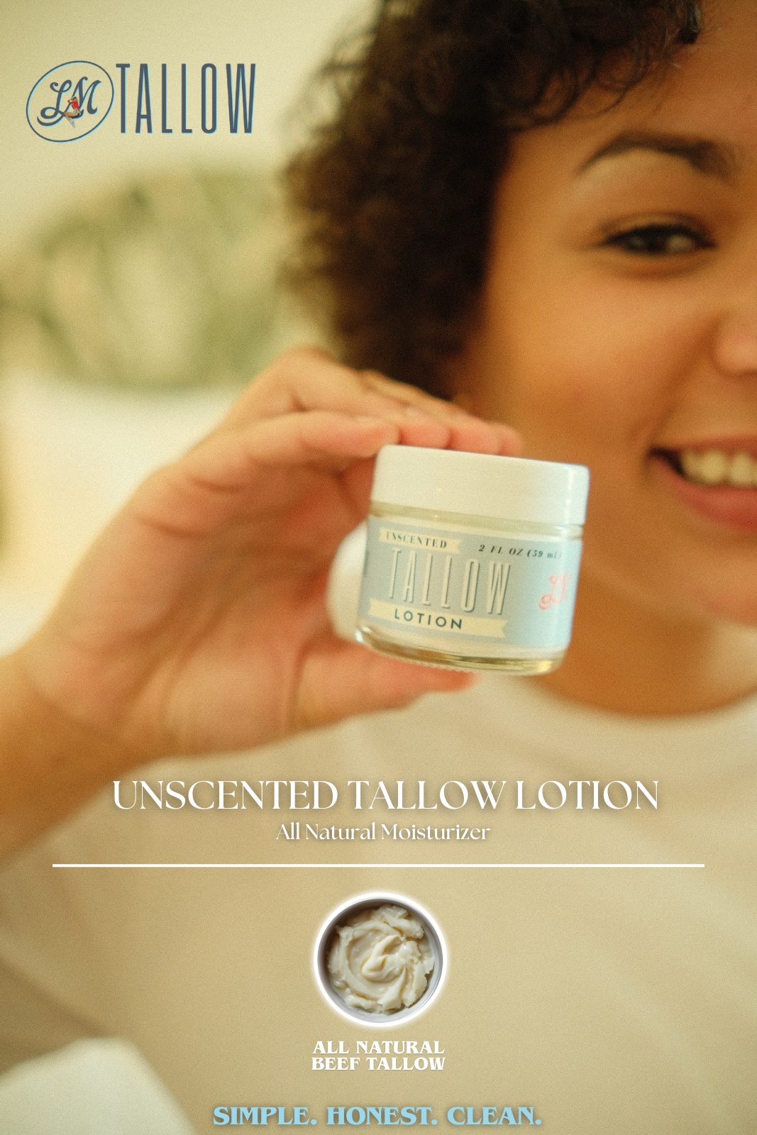 Unscented Tallow Lotion - Pure Single-Ingredient Moisturizer - 2oz