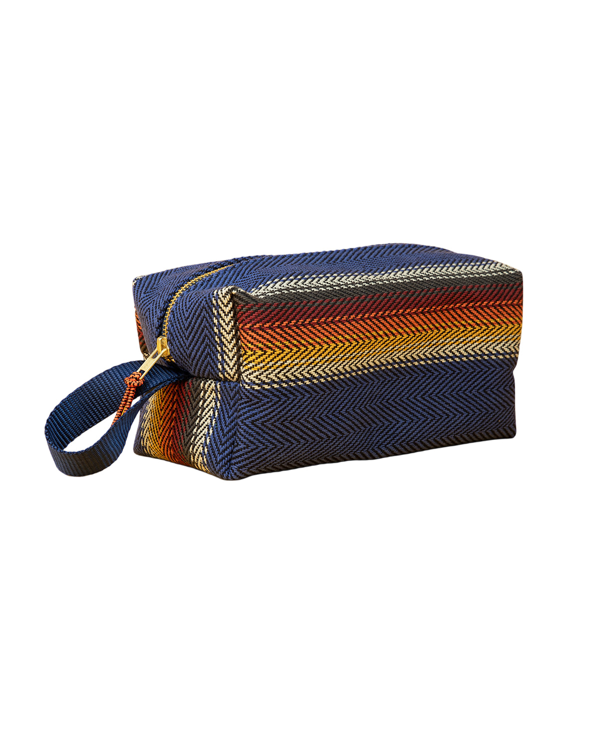 Woven pouch with a striped pattern on a yellow background