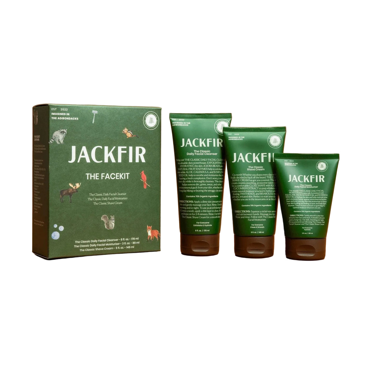 JACKFIR skincare products including a box and three bottles on an orange background