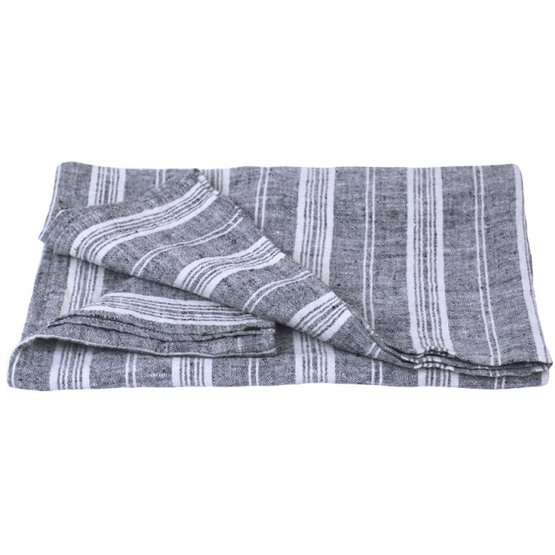Linen Hand Towel - Stonewashed - Heather Light Blue with White Stripes -  Luxury Thick Linen