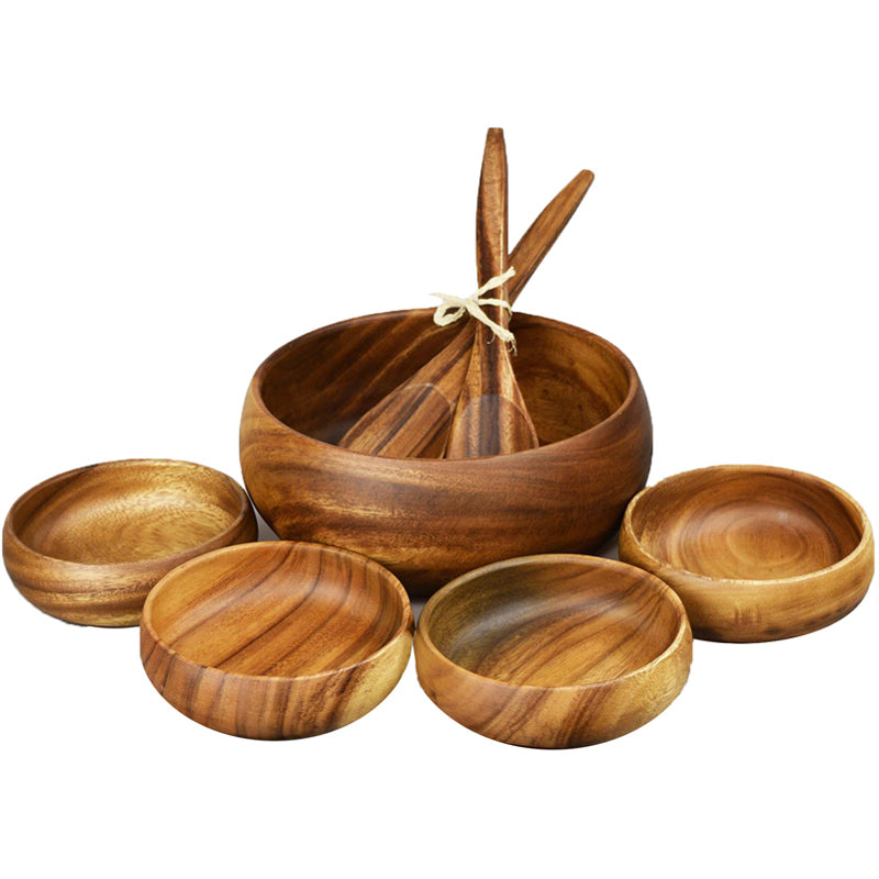 Round Acacia Wood Salad Bowl Serving Set