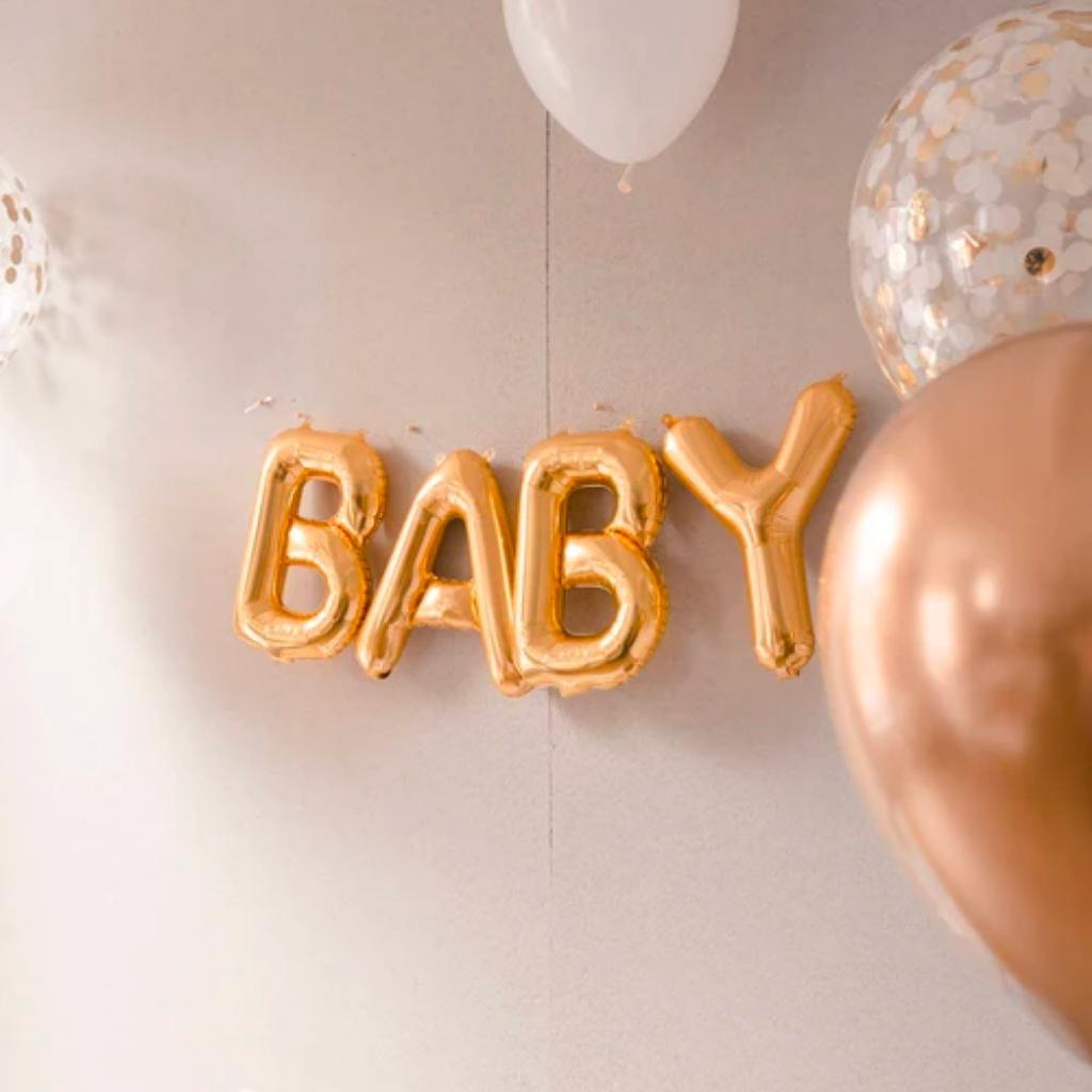 A photo of balloons with the word baby and other balloons around it