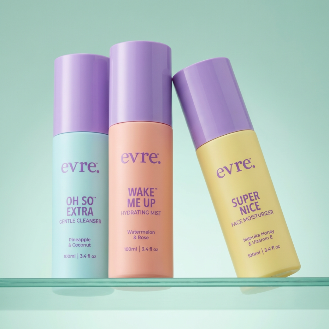 Three Evre skincare products on a light green background