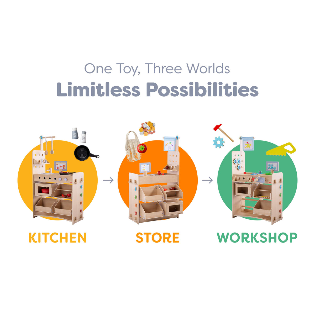 Creative Play 3 in 1 – Play Kitchen, Store & Workshop