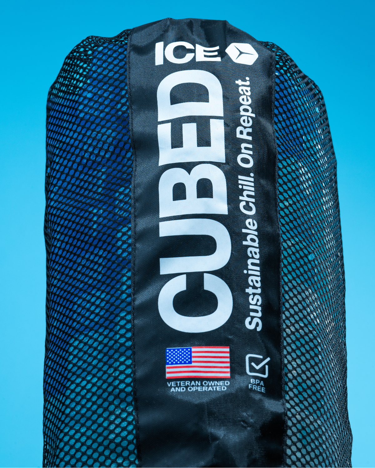 Blue mesh ice pack with 'Cubed' branding on a blue background