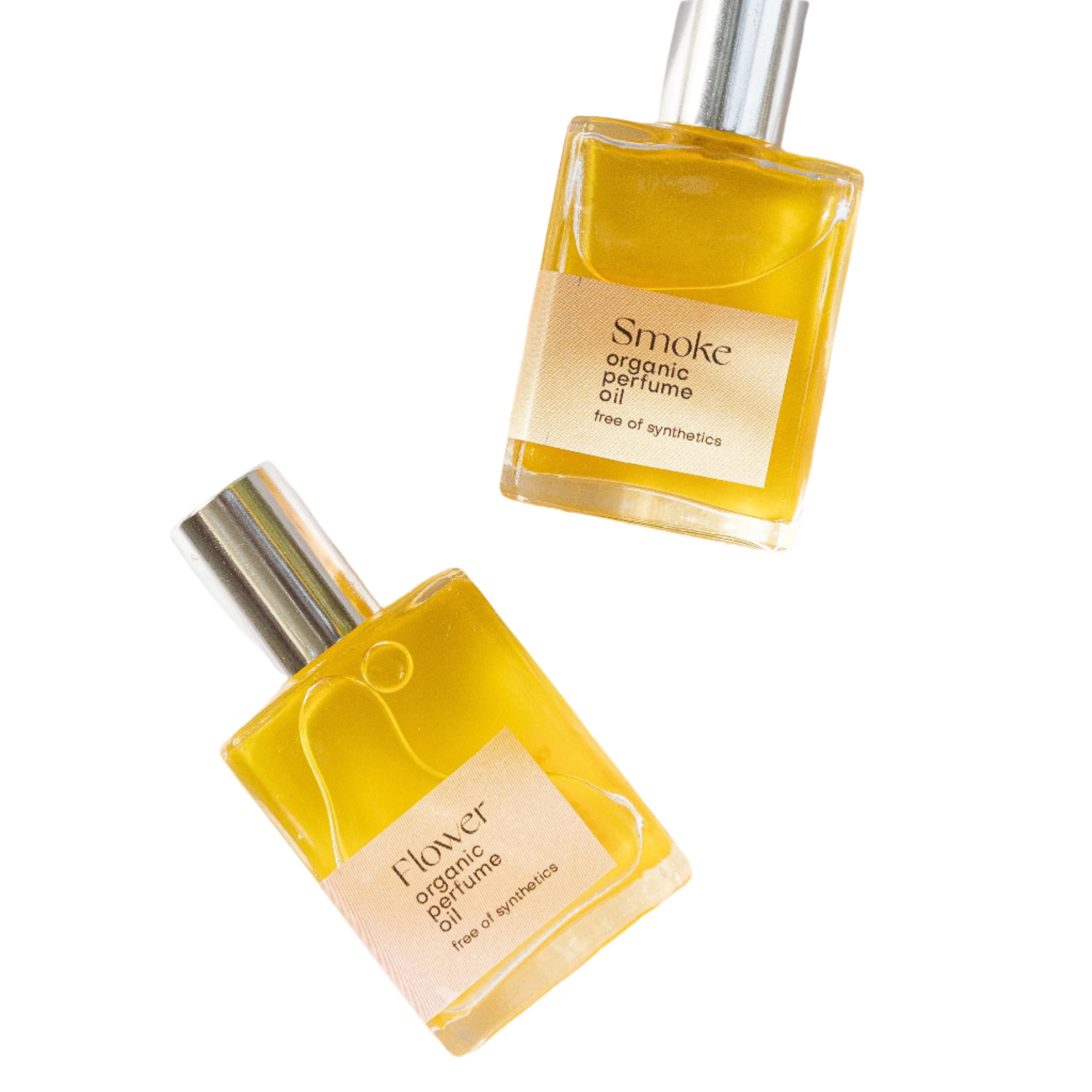Two perfume bottles labeled 'Flower' and 'Smoke' on a light background
