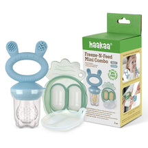 Haakaa Freeze-N-Feed Mini Combo with blue and green baby feeder and packaging on a white background