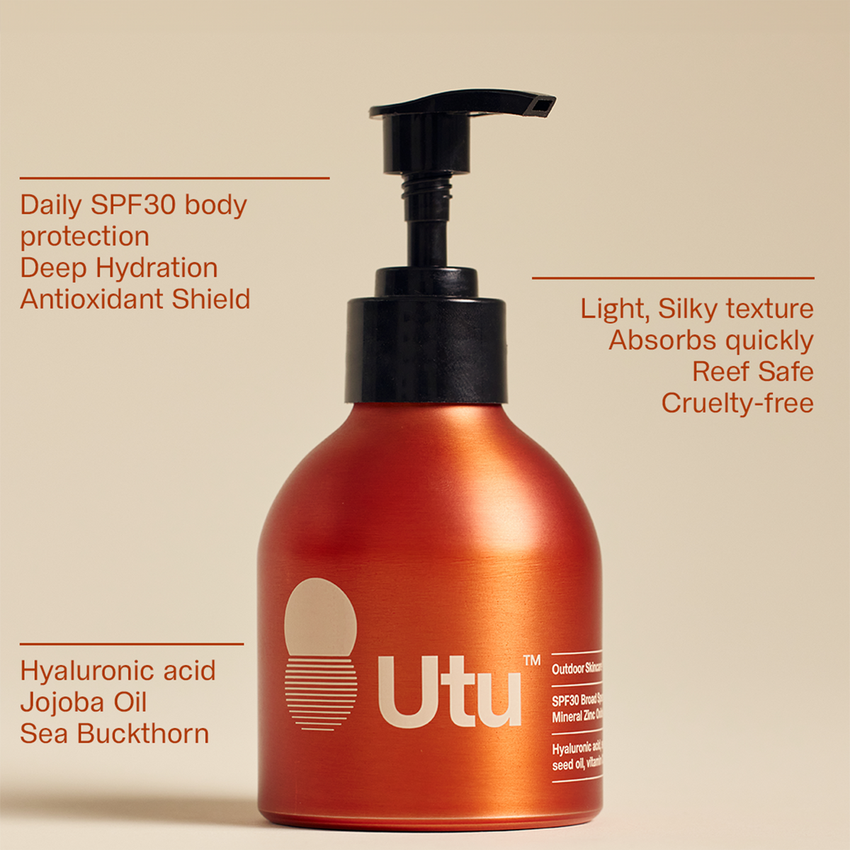 Orange bottle with black pump labeled 'Utu' on a beige background