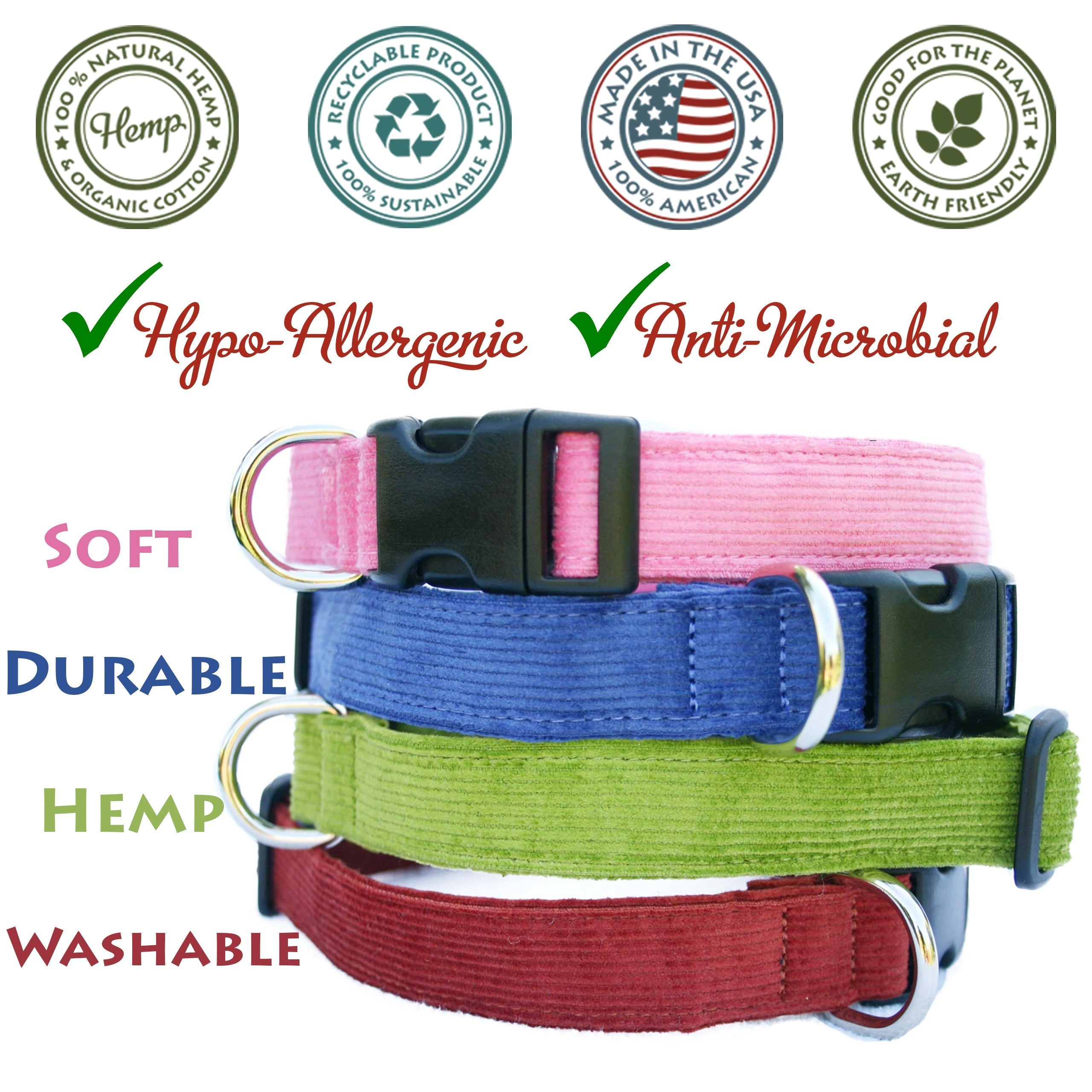 Hemp Dog Corduroy Collars (Rust,Marigold,Bronze,Avocado,Blue,Plum,Pink, Red, Black)