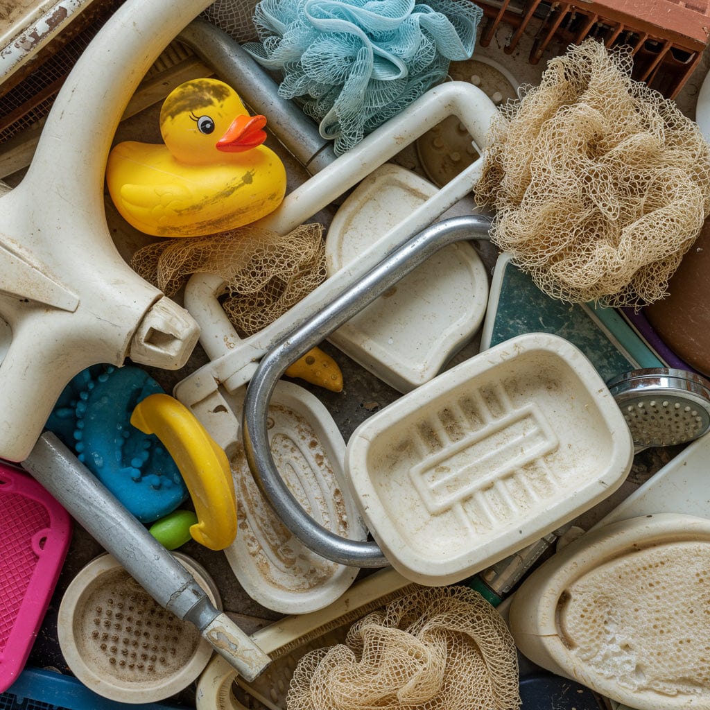 Assorted bath items including a yellow rubber duck, soap dishes, and sponges.