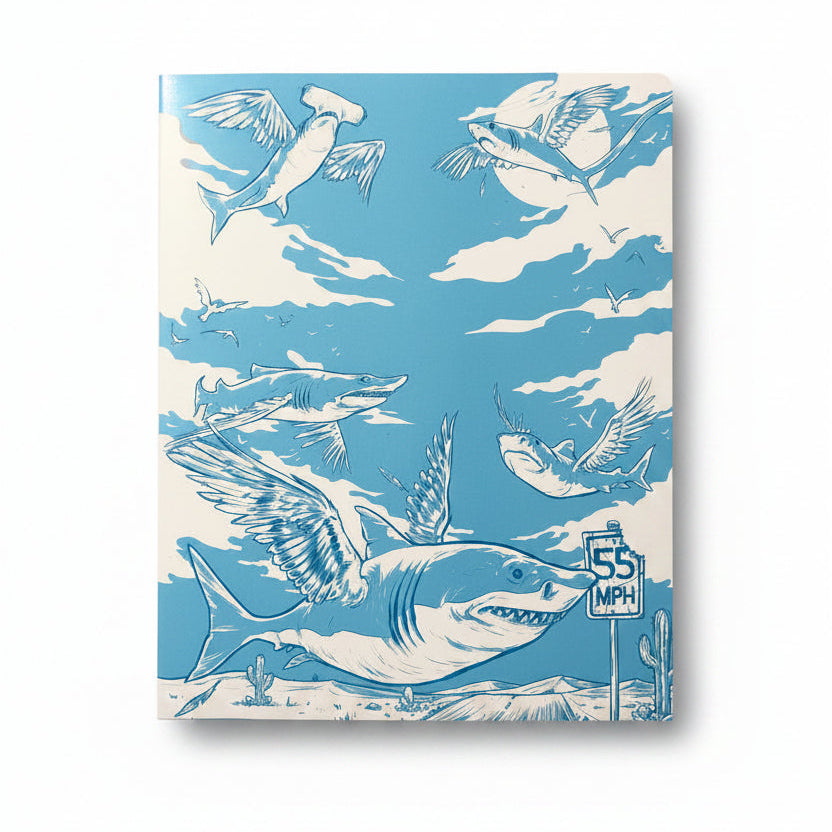 Notebook with shark and bird illustration on a blue background