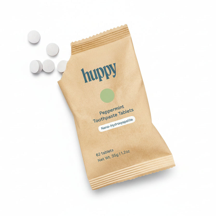 huppy peppermint toothpaste tablets packaging with white background