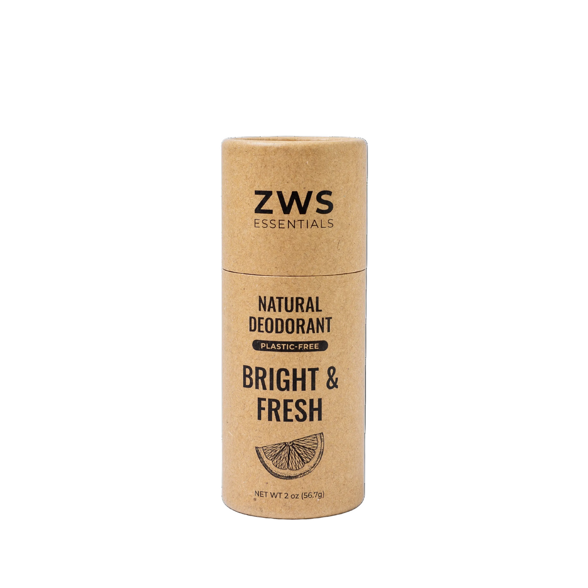 ZWS Essentials Bright & Fresh natural deodorant in a kraft paper tube container, shown on a solid white background.