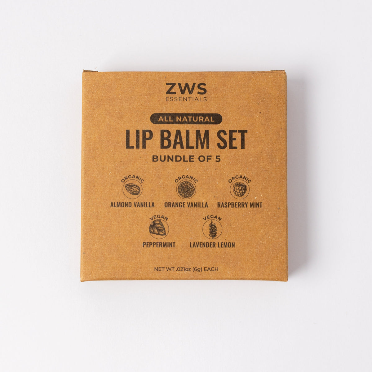 ZWS Essentials All Natural Lip Balm Set, bundle of 5 