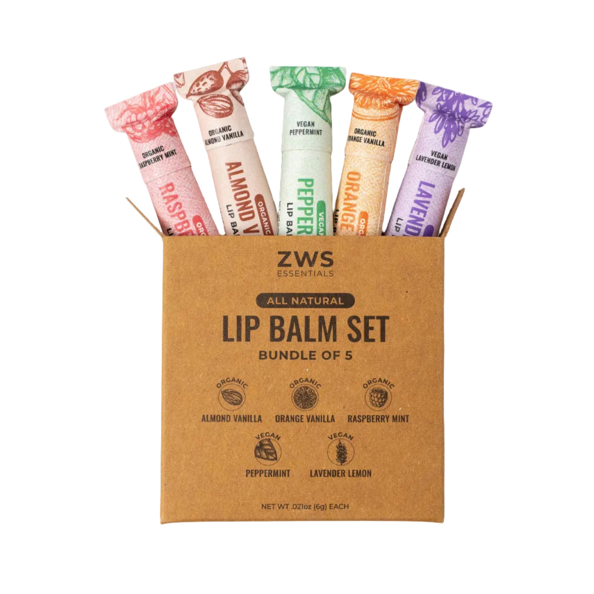 ZWS Essentials All Natural Lip Balm Set Bundle of 5, almond vanilla, orange vanilla, Raspberry Mint, Peppermint, Lavender Lemon 