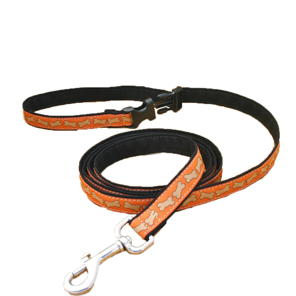 Hemp Dog Leash 6' Click n' Go with clasp Orange Bones