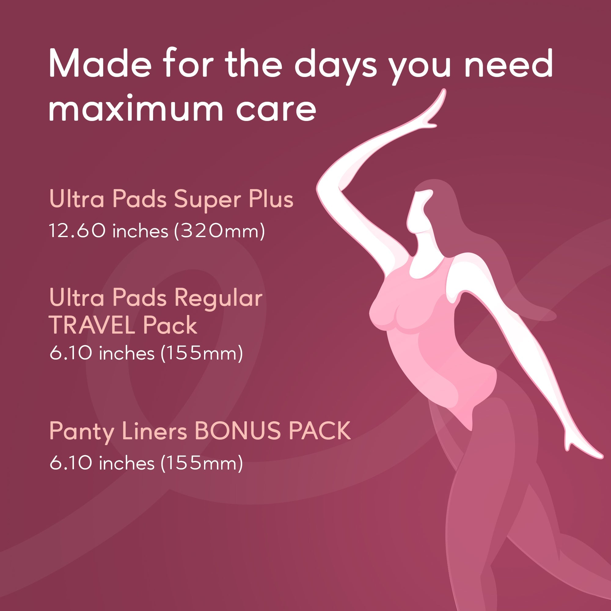 Product advertisement for women's hygiene pads with text and silhouette of a woman on a purple background.
