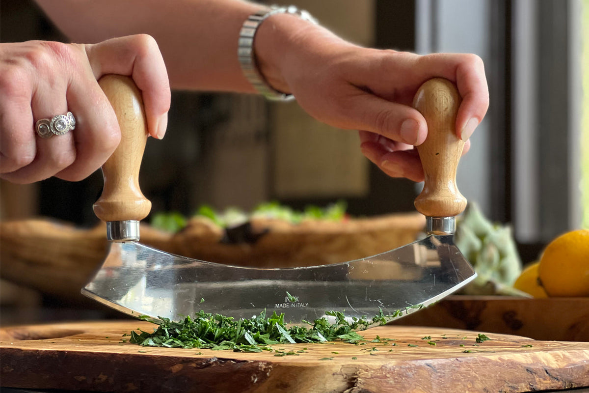 Italian Olivewood Mezzaluna Herb Chopper - Large