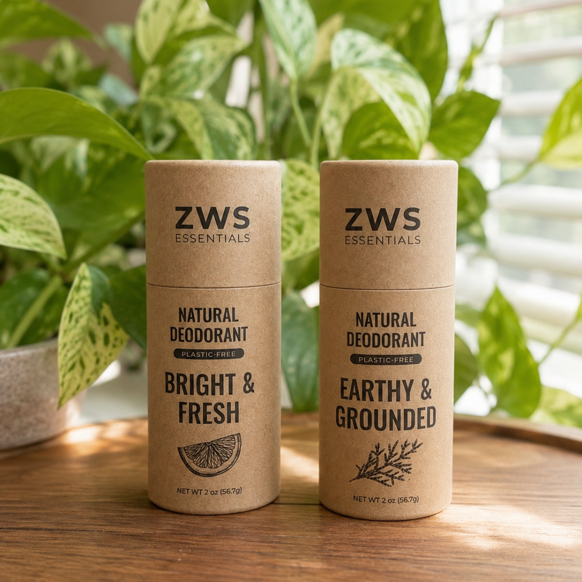 Two ZWS Essentials natural deodorant tubes standing on a wooden table in front of a blurred green plant and window blinds. The left tube is labeled Bright & Fresh, and the right tube is labeled Earthy & Grounded.