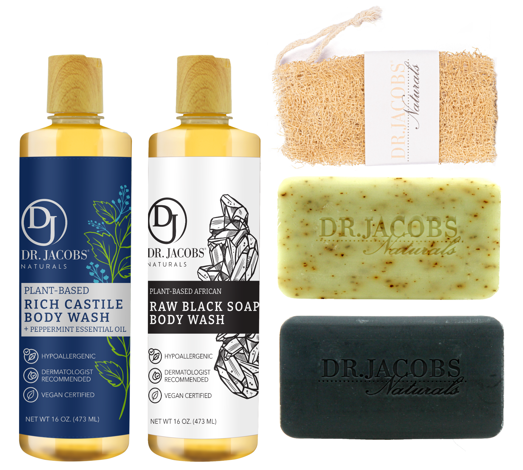 Dr. Jacobs Naturals skincare products including body wash bottles and bars on a white background