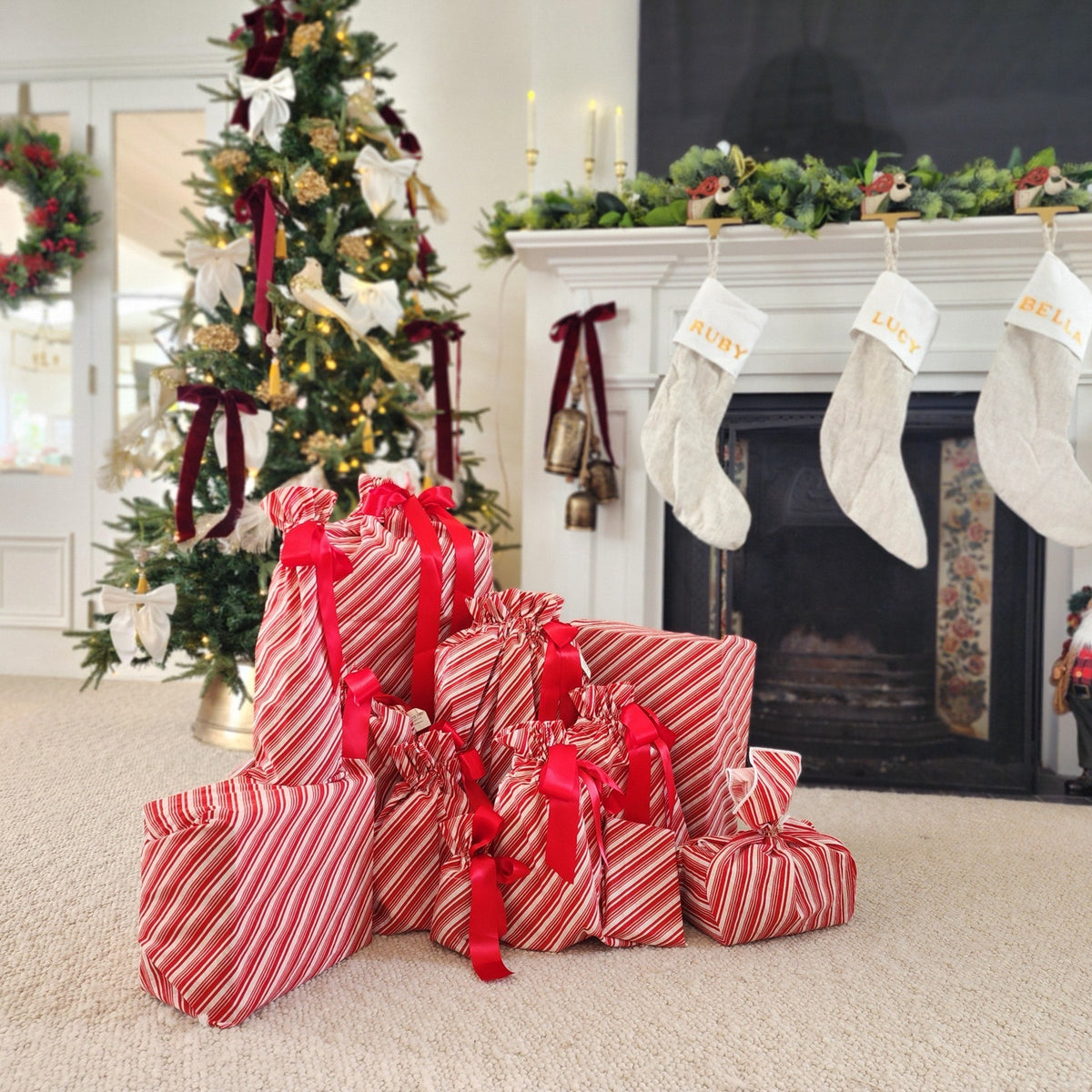 Candy Cane Reusable Gift Bag Set