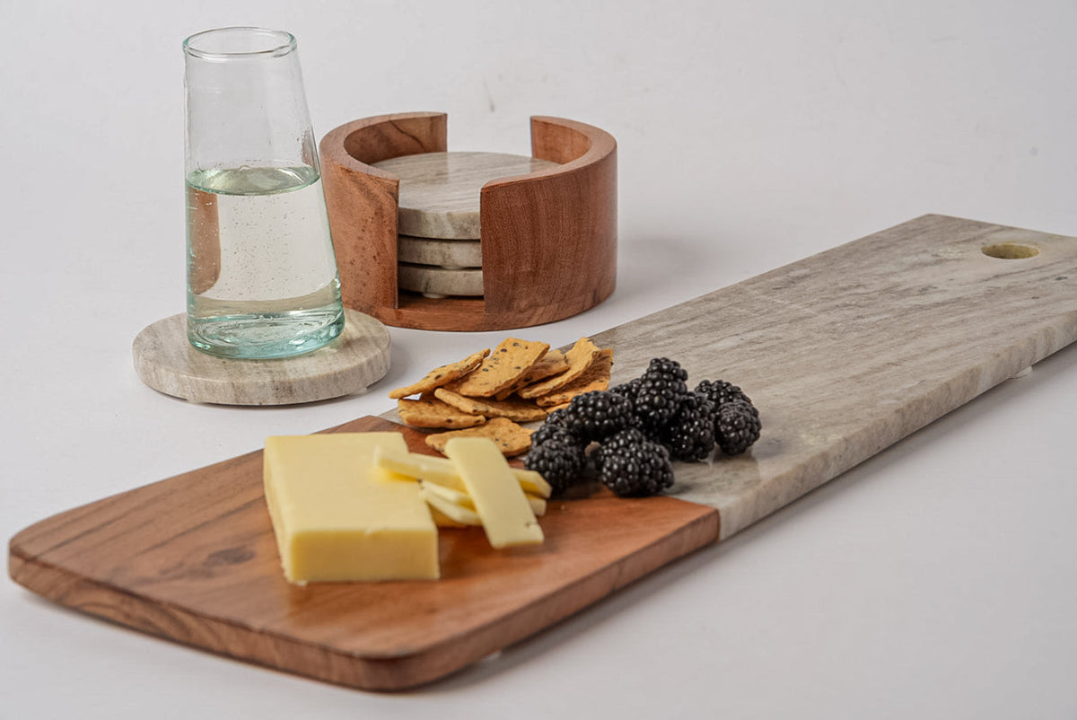 Marble and Acacia Wood Long Charcuterie Board - Tan