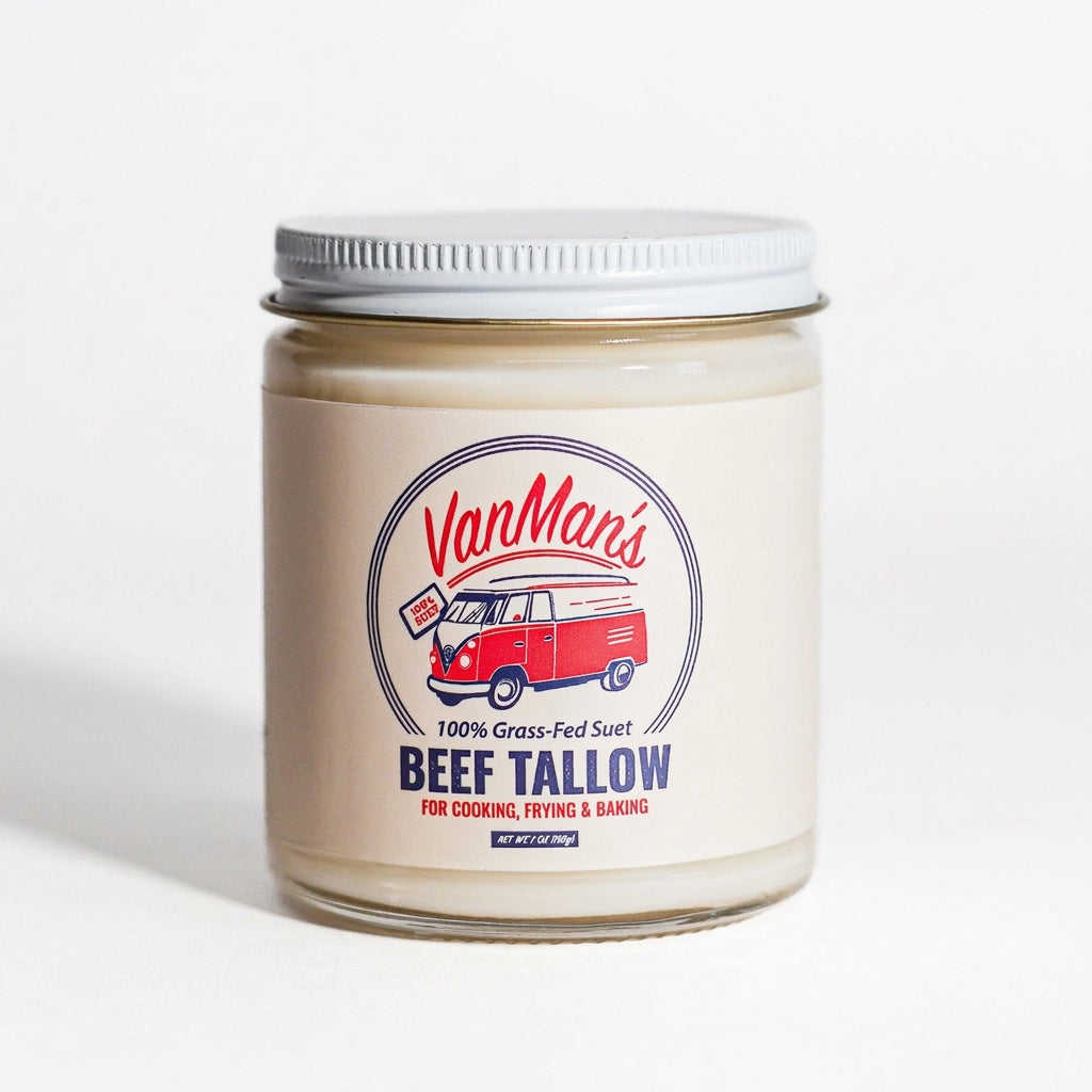Jar of Van Man's beef tallow with a branded background
