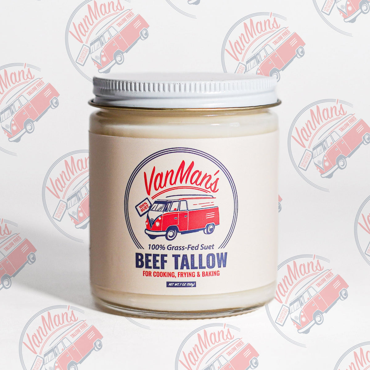 Jar of Van Man's beef tallow with a branded background