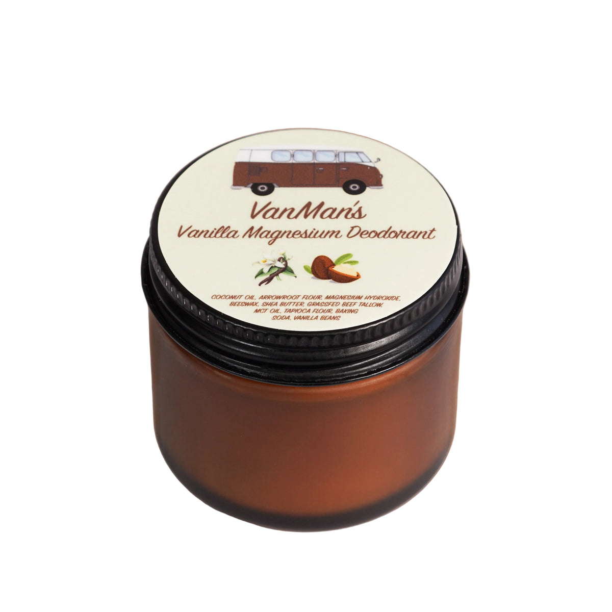 Jar of VanMan's Vanilla Magnesium Deodorant on a beige background
