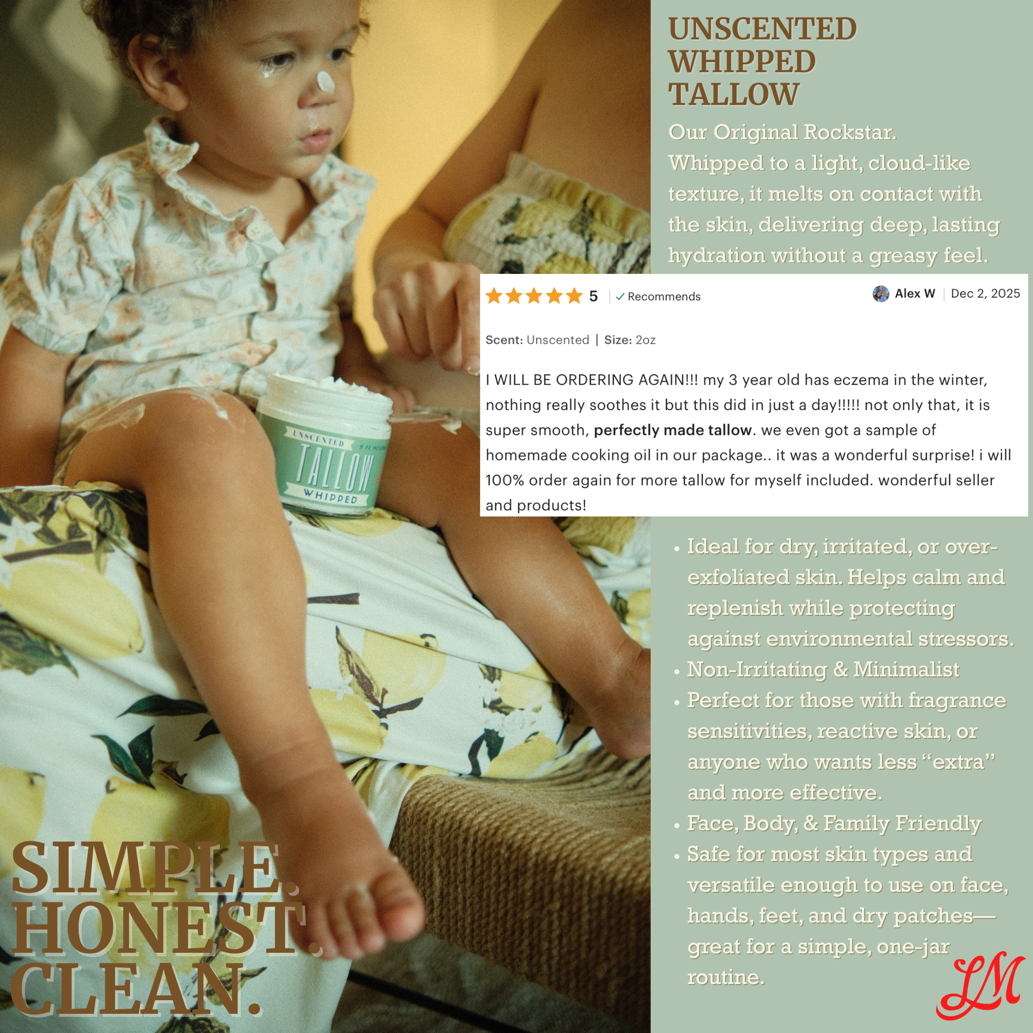 Unscented Tallow Balm - Grass-Fed Beef Tallow Face & Body Moisturizer - 2oz