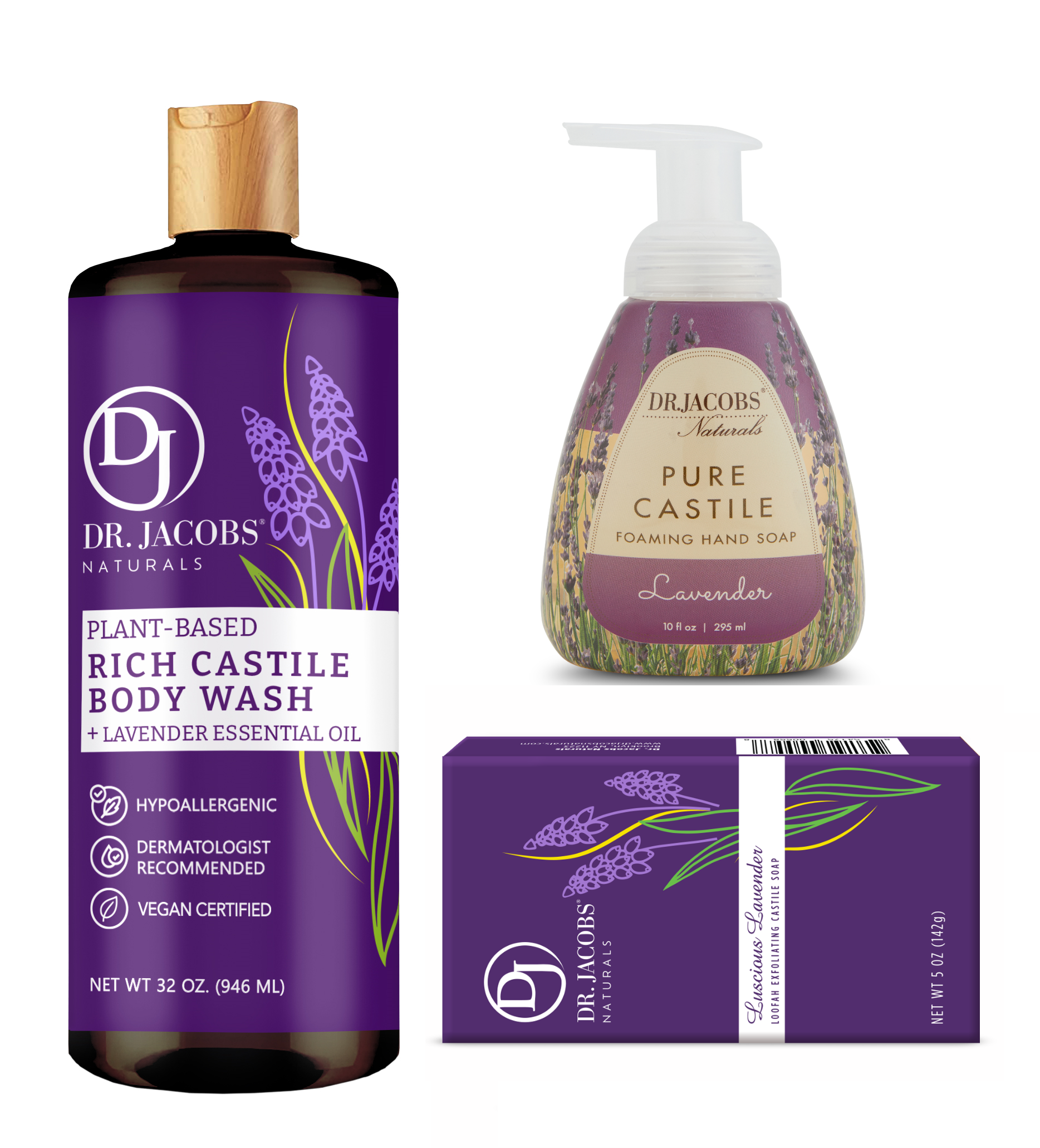 Dr. Jacobs Naturals lavender body wash, foaming hand soap, and bar soap on a white background