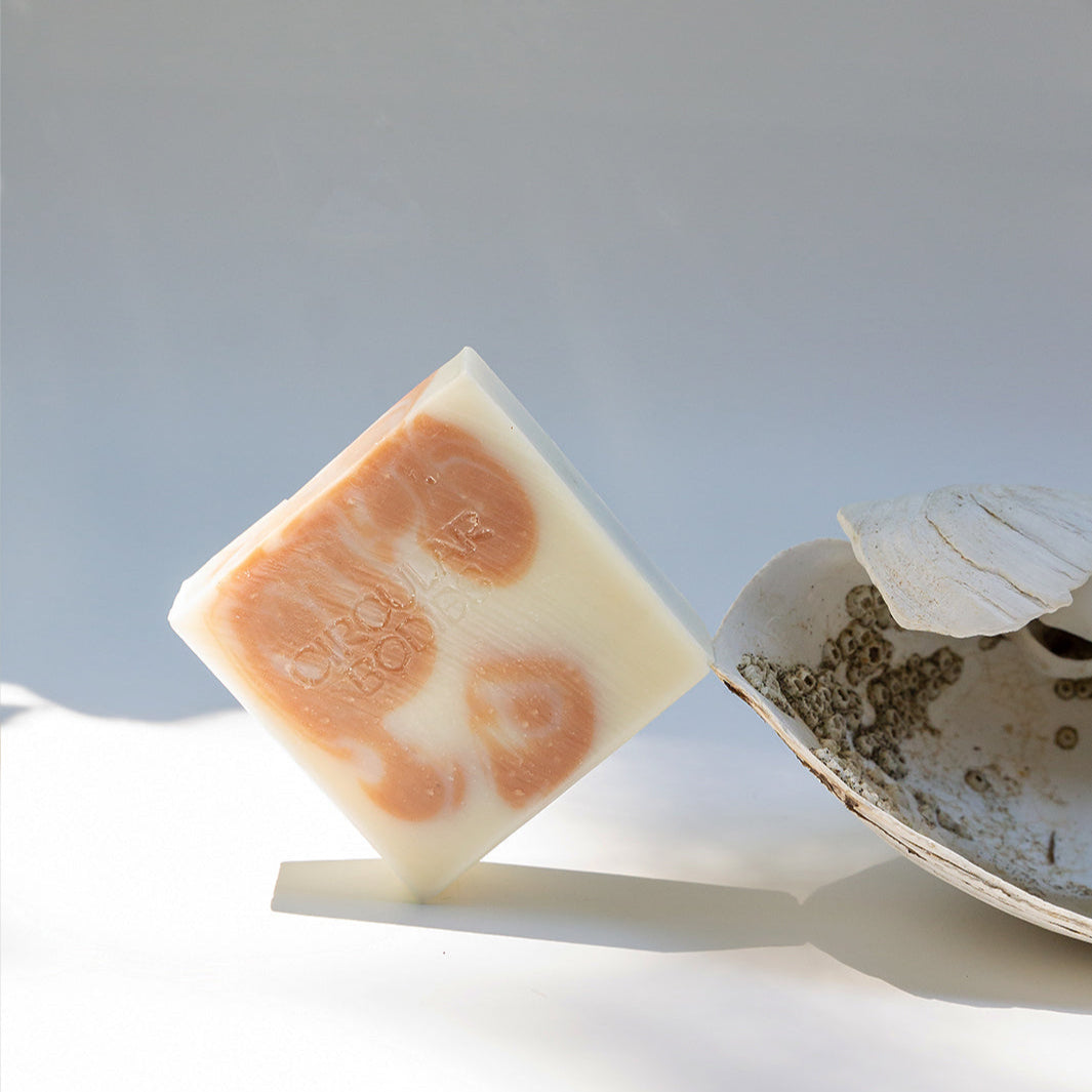Bar of soap with a textured surface on a white background
